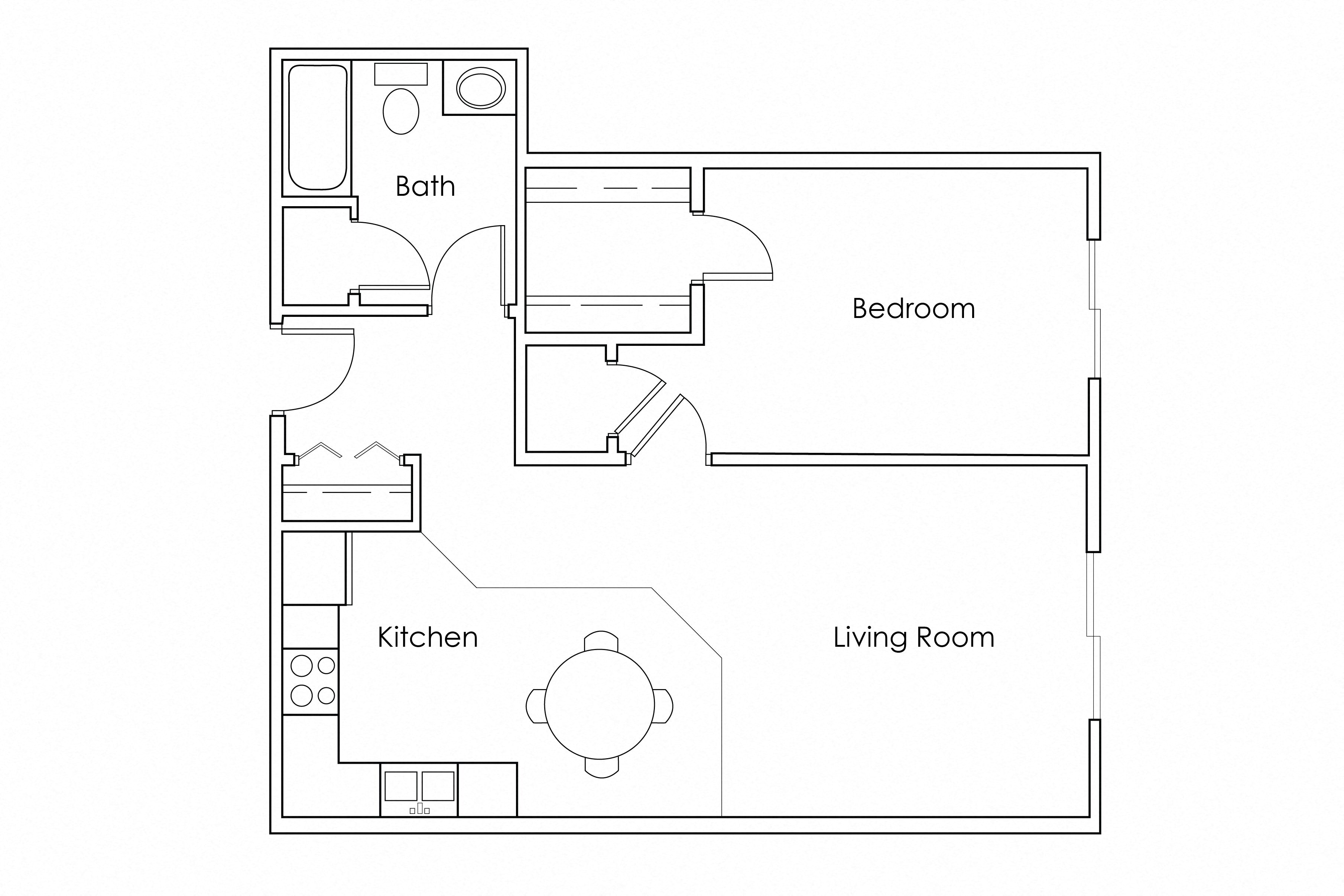 Floor plan for 1 bed, 1 bath, 705 sqft